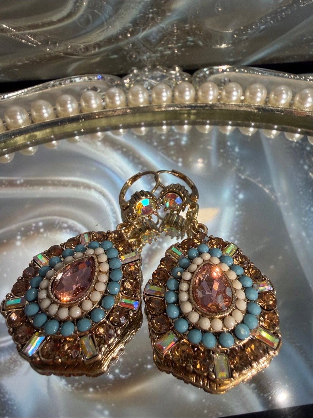 Gold Drop Earrings with Pink Gem and Turquoise Beads